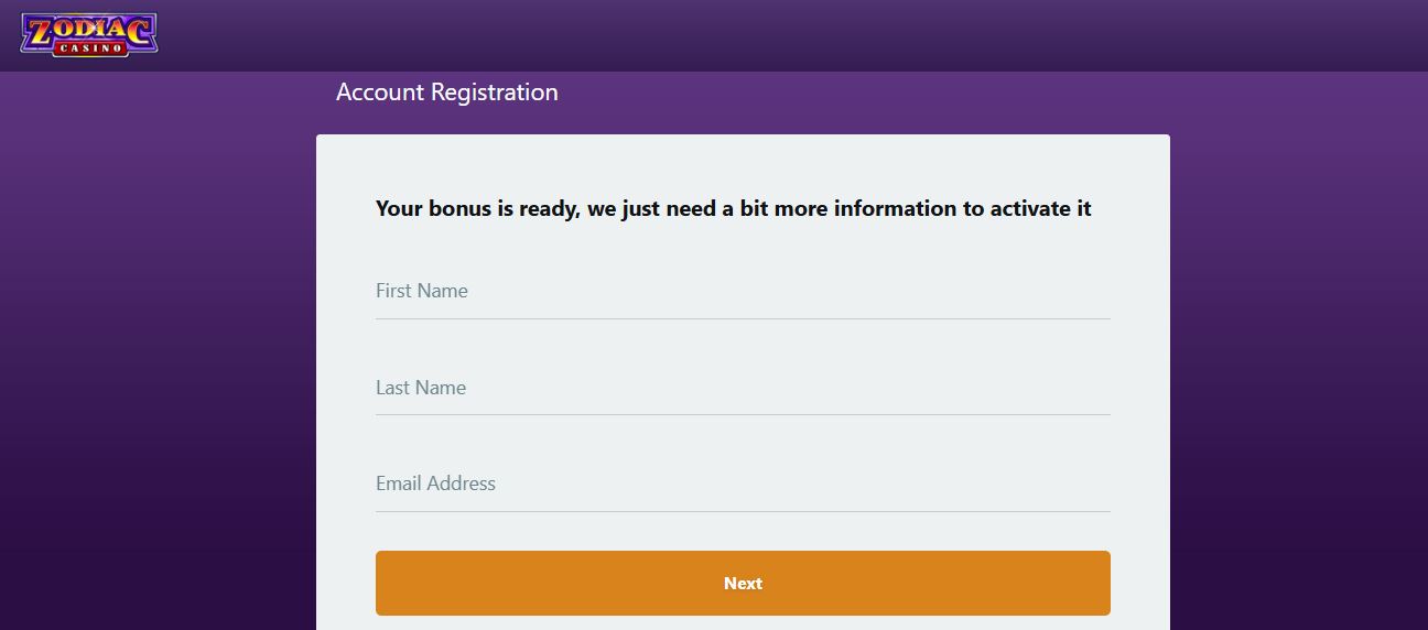 Register a new Zodiac Casino account and activate your bonus in just a few steps
